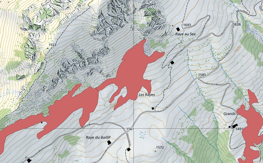 Carte nationale swisstopo avec le périmètre protégé de Les Rayes (Prairie sèche)