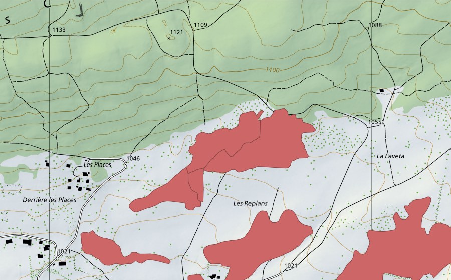 Carte nationale swisstopo avec le périmètre protégé de Les Replans (Prairie sèche)