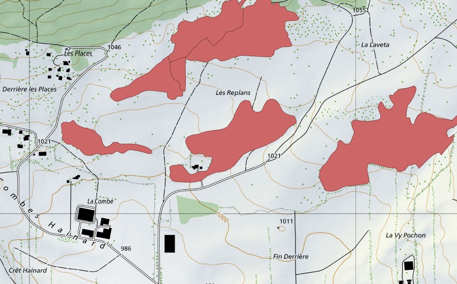 Carte nationale swisstopo avec le périmètre protégé de Les Replans (Prairie sèche)