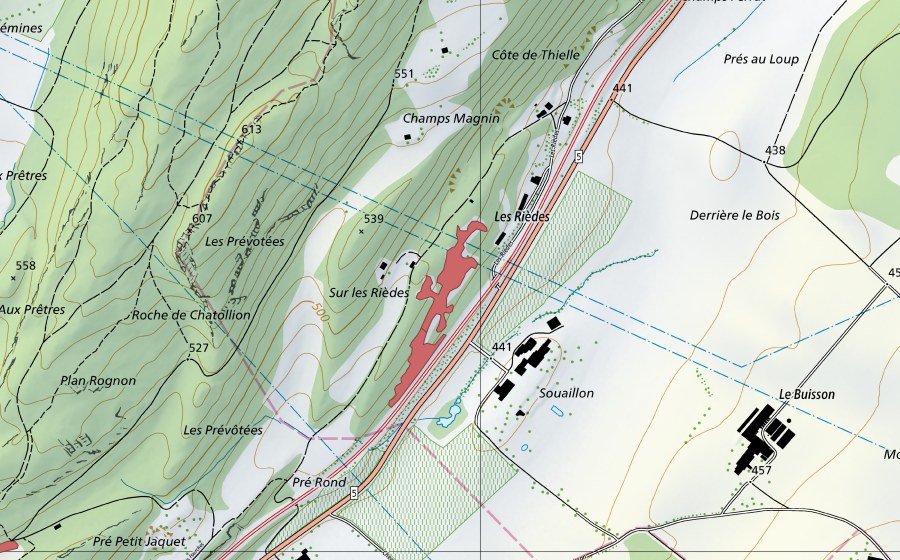 Carte nationale swisstopo avec le périmètre protégé de Les Rièdes (Prairie sèche)