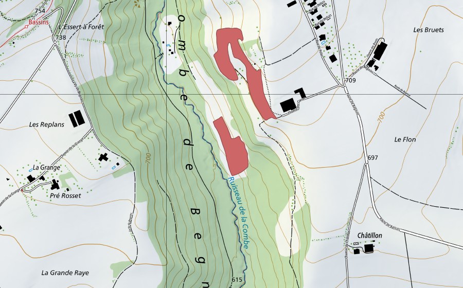 swisstopo national map showing the protected perimeter of Les Rochettes (Dry meadow)