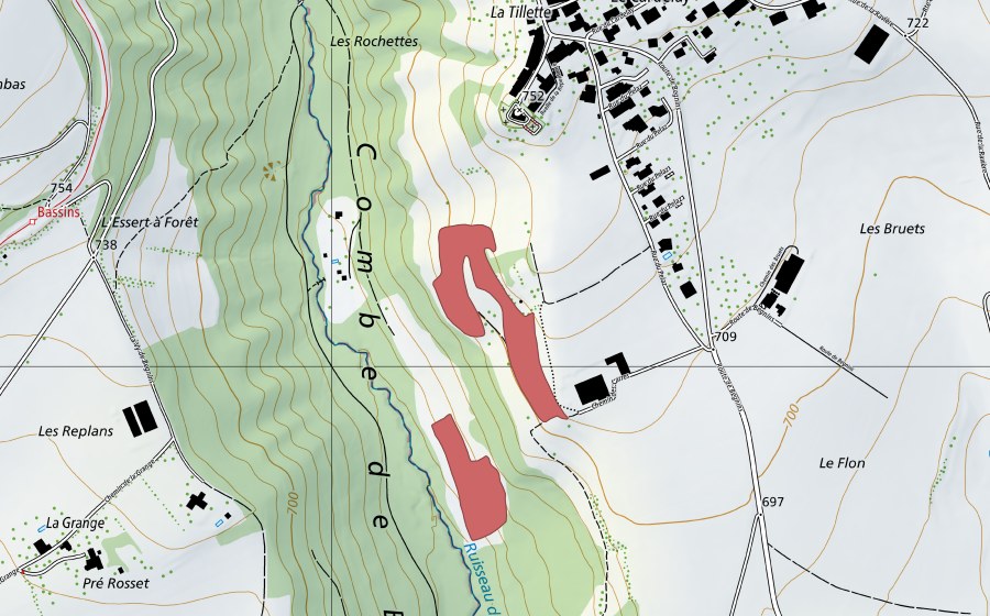 Carte nationale swisstopo avec le périmètre protégé de Les Rochettes (Prairie sèche)