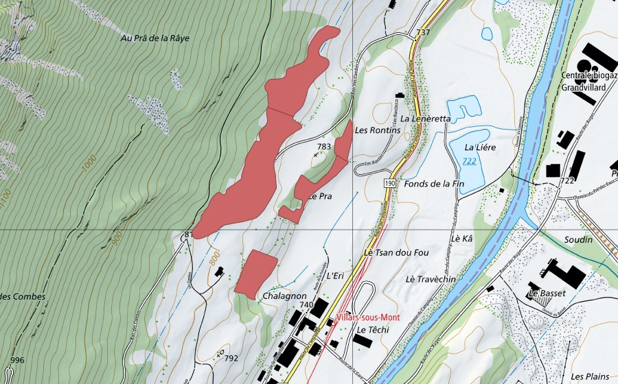 Carte nationale swisstopo avec le périmètre protégé de Les Rontins (Prairie sèche)