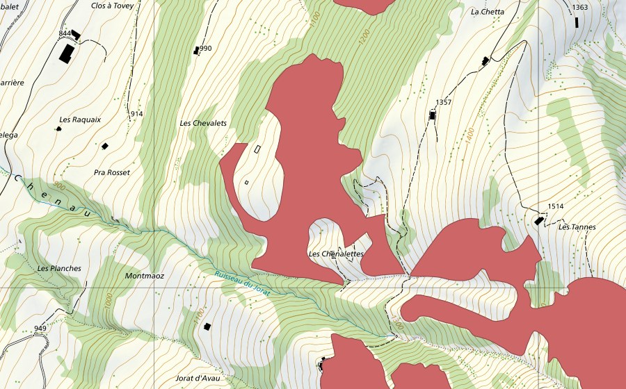 Landeskarte swisstopo mit dem Schutzperimeter von Les Tannes (Trockenwiese)