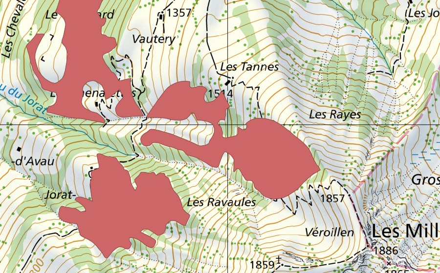 Landeskarte swisstopo mit dem Schutzperimeter von Les Tannes (Trockenwiese)