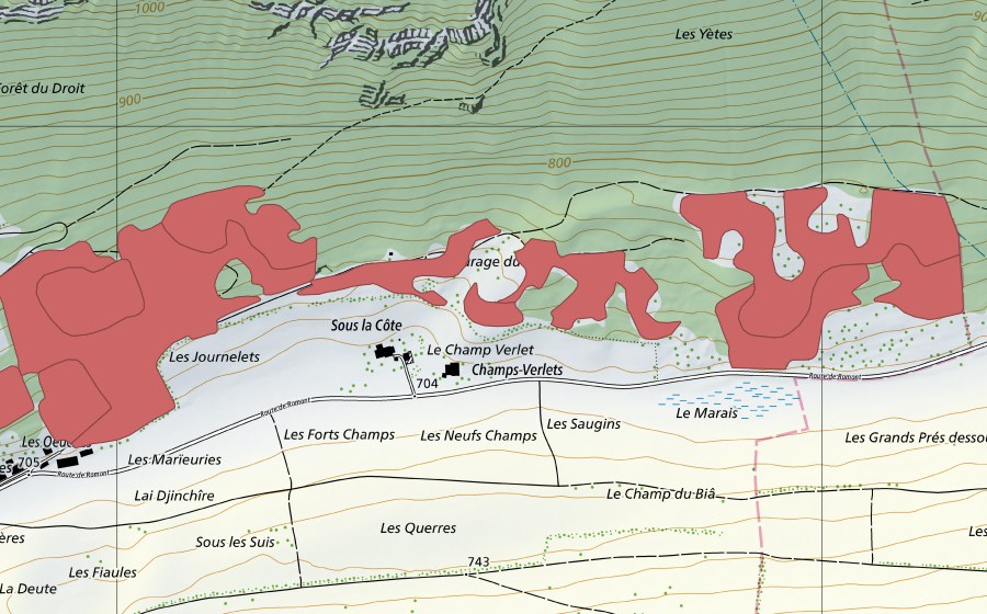 Carte nationale swisstopo avec le périmètre protégé de Les Tayes (Prairie sèche)