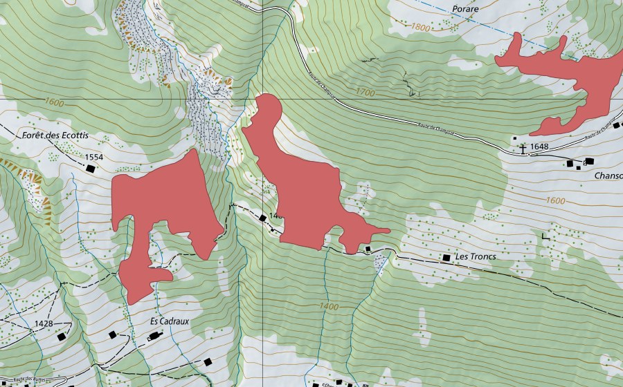 Carte nationale swisstopo avec le périmètre protégé de Les Troncs (Prairie sèche)