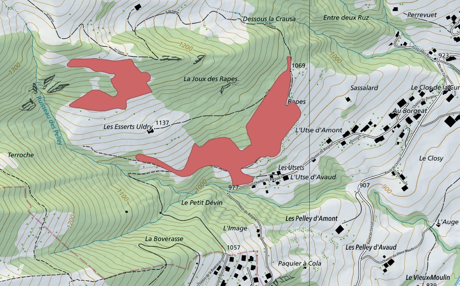 swisstopo national map showing the protected perimeter of Les Utsets (Dry meadow)