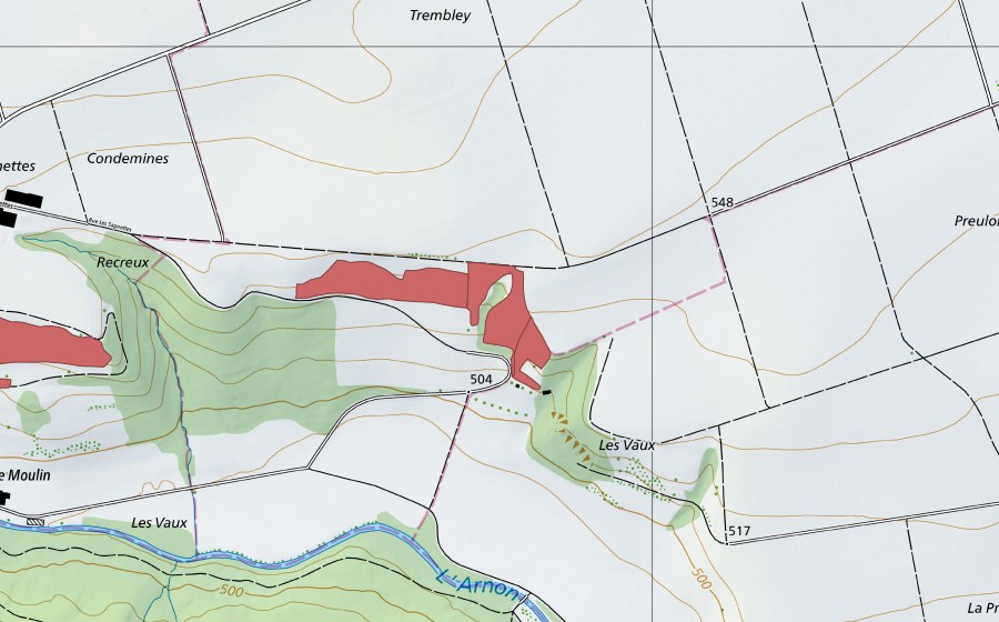 Carte nationale swisstopo avec le périmètre protégé de Les Vaux (Prairie sèche)