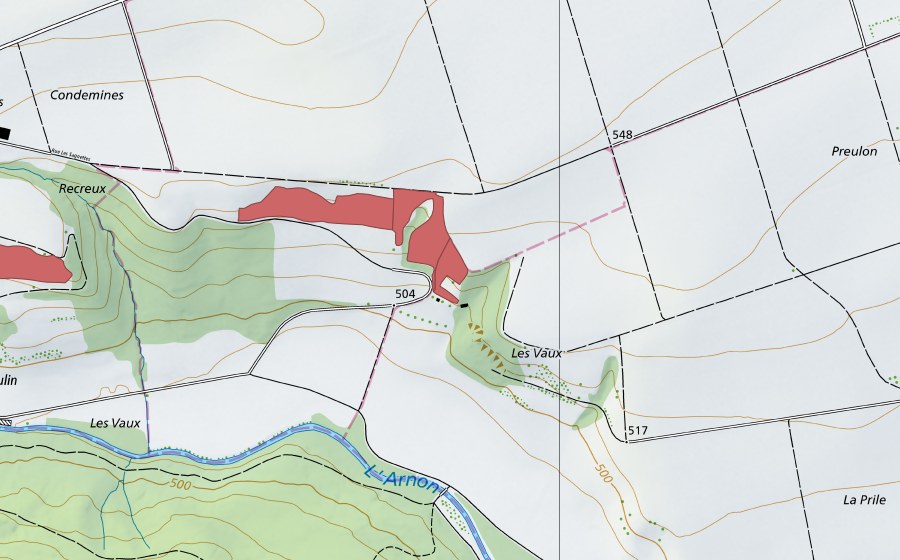 swisstopo national map showing the protected perimeter of Les Vaux (Dry meadow)