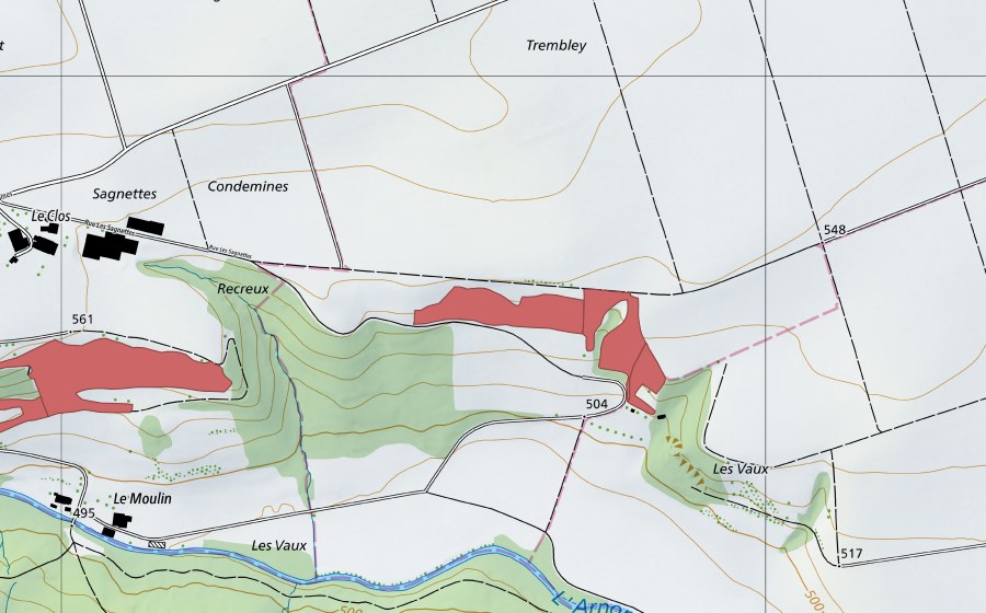 Carte nationale swisstopo avec le périmètre protégé de Les Vaux (Prairie sèche)