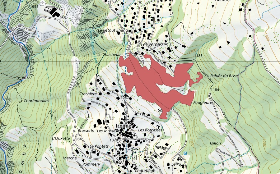 Landeskarte swisstopo mit dem Schutzperimeter von Les Vernasses (Trockenwiese)
