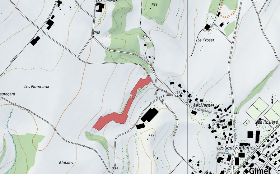 swisstopo national map showing the protected perimeter of Les Vernes (Dry meadow)