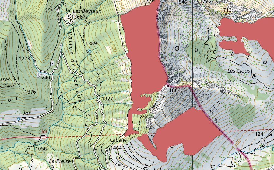 Carte nationale swisstopo avec le périmètre protégé de Les Verraux (Prairie sèche)