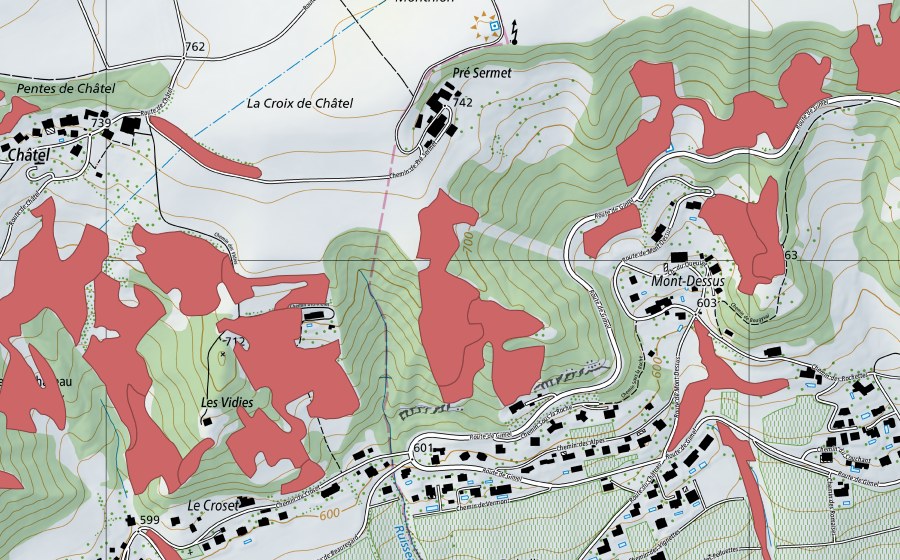 Carte nationale swisstopo avec le périmètre protégé de Les Vidies (Prairie sèche)