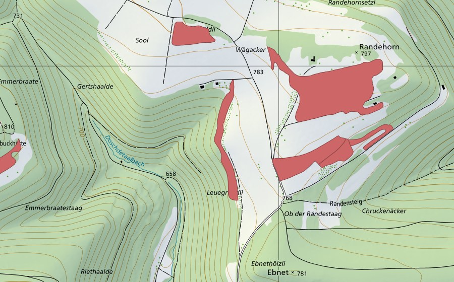 swisstopo national map showing the protected perimeter of Leuengründli (Dry meadow)