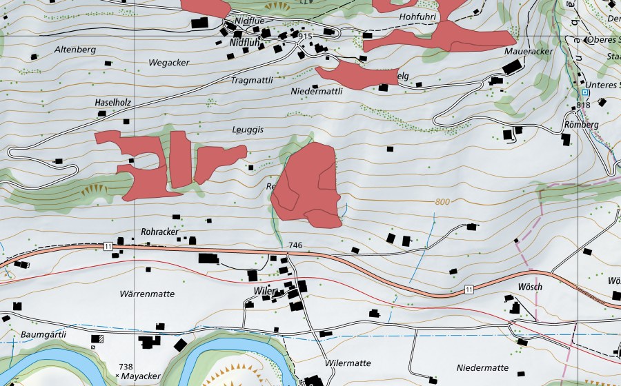 Carte nationale swisstopo avec le périmètre protégé de Leuggis (Prairie sèche)