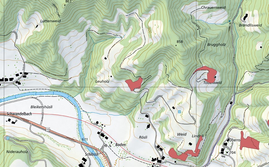 swisstopo national map showing the protected perimeter of Leuholz (Dry meadow)