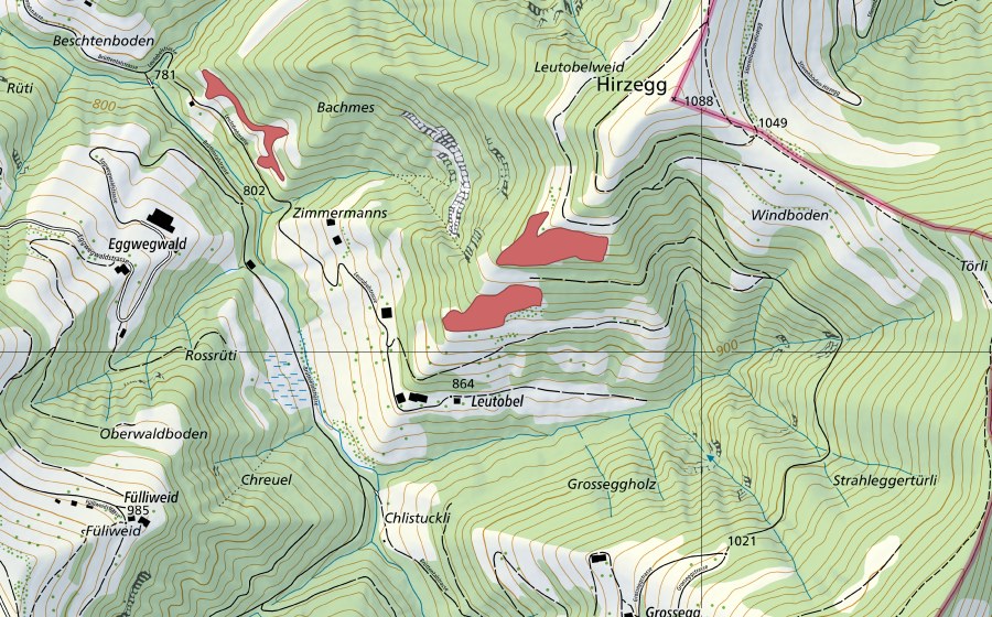 Carte nationale swisstopo avec le périmètre protégé de Leutobel (Prairie sèche)
