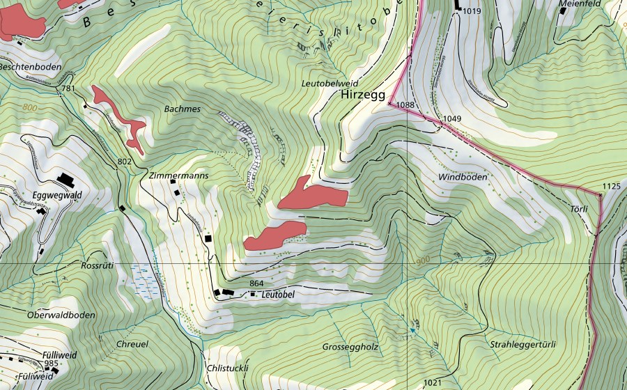 Carte nationale swisstopo avec le périmètre protégé de Leutobel (Prairie sèche)