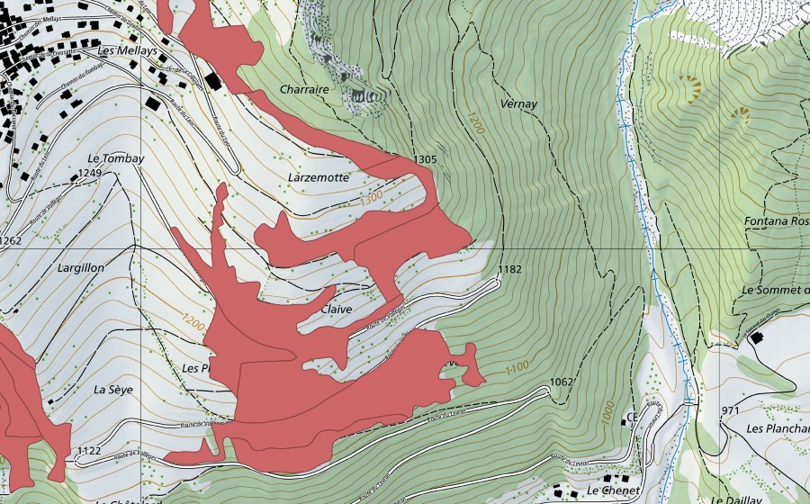 swisstopo national map showing the protected perimeter of Levron (Dry meadow)