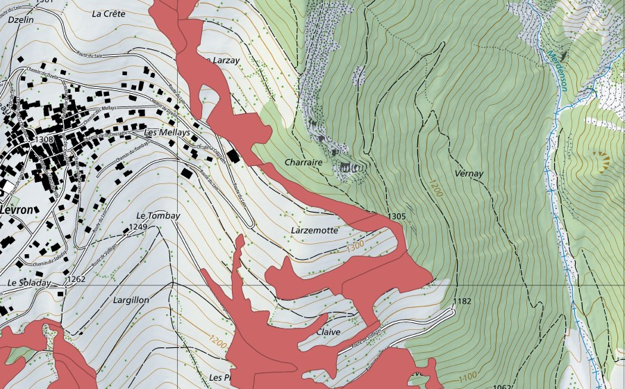 Carte nationale swisstopo avec le périmètre protégé de Levron (Prairie sèche)