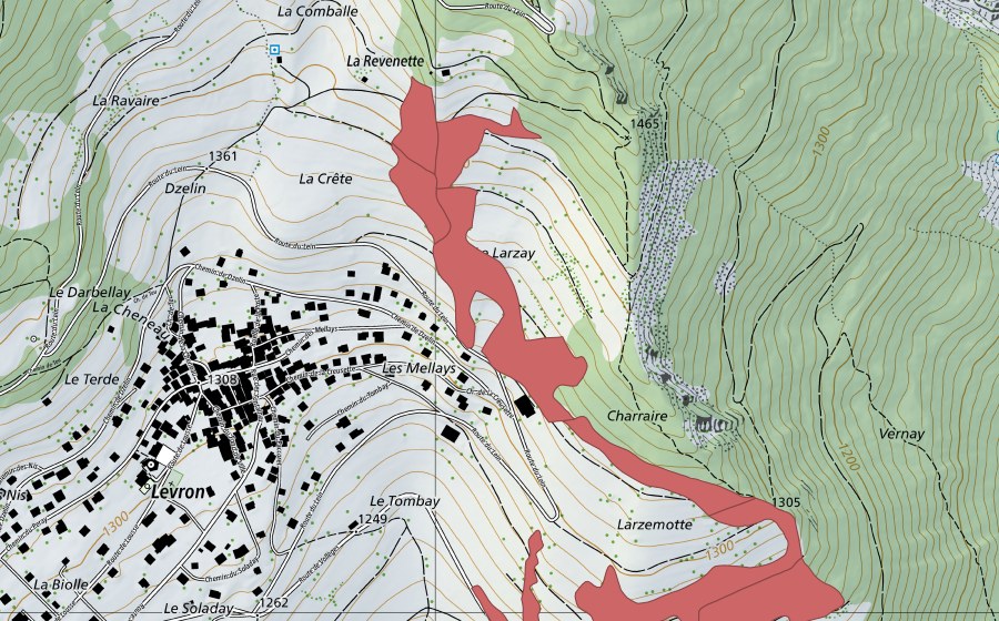 Carte nationale swisstopo avec le périmètre protégé de Levron (Prairie sèche)