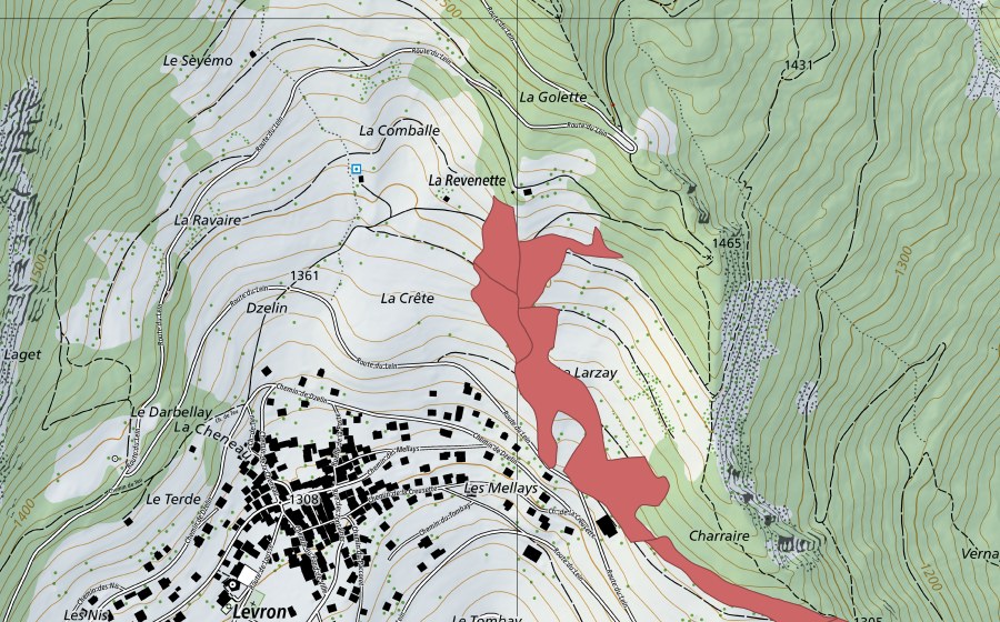 swisstopo national map showing the protected perimeter of Levron (Dry meadow)