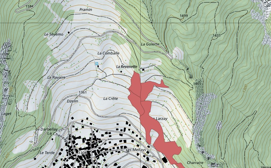 swisstopo national map showing the protected perimeter of Levron (Dry meadow)