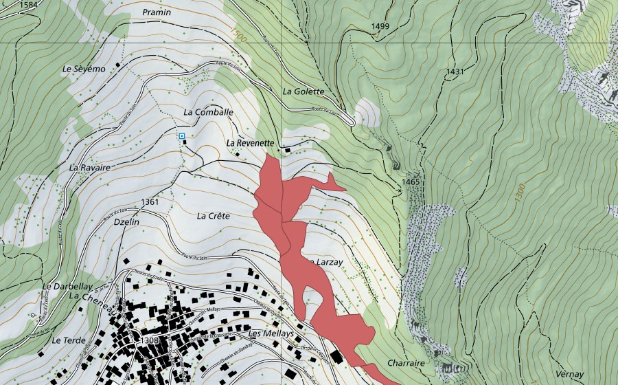 Landeskarte swisstopo mit dem Schutzperimeter von Levron (Trockenwiese)