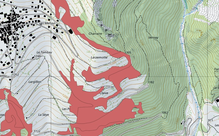 Carte nationale swisstopo avec le périmètre protégé de Levron (Prairie sèche)