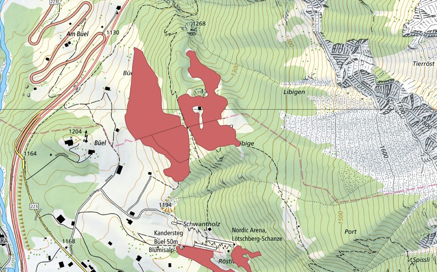 swisstopo national map showing the protected perimeter of Libige (Dry meadow)