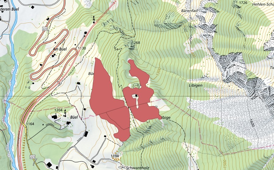 Carte nationale swisstopo avec le périmètre protégé de Libige (Prairie sèche)