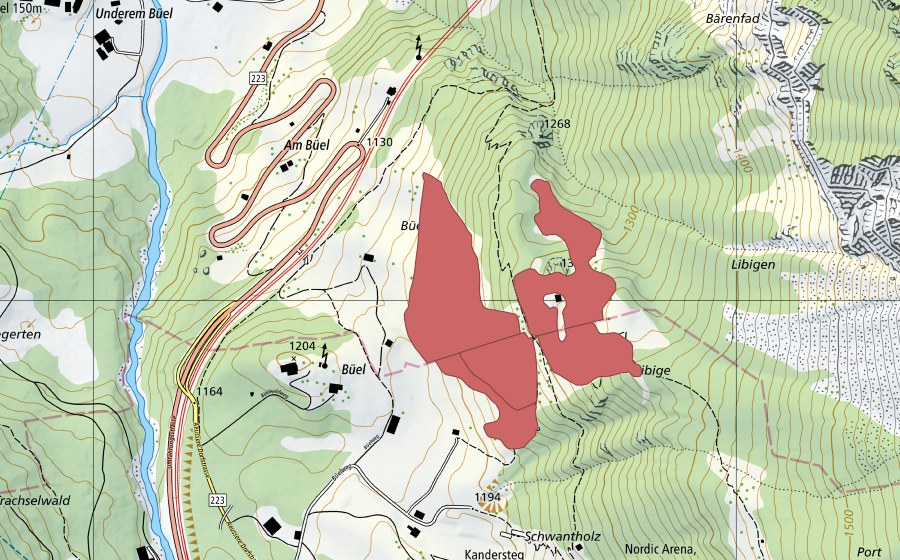 swisstopo national map showing the protected perimeter of Libige (Dry meadow)