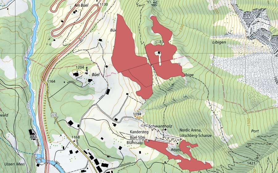 swisstopo national map showing the protected perimeter of Libige (Dry meadow)