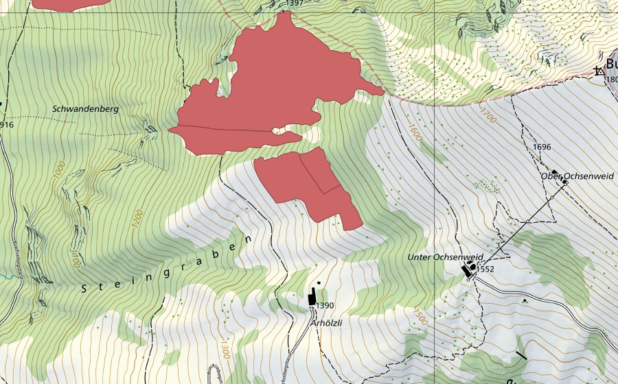 Landeskarte swisstopo mit dem Schutzperimeter von Ligg (Trockenwiese)