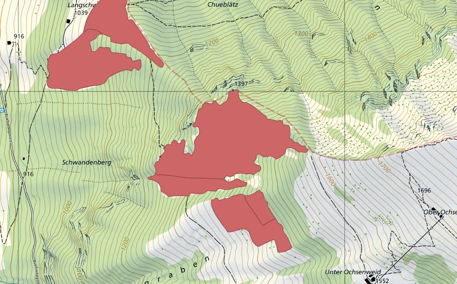 Carte nationale swisstopo avec le périmètre protégé de Ligg (Prairie sèche)