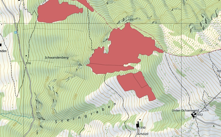 Carte nationale swisstopo avec le périmètre protégé de Ligg (Prairie sèche)