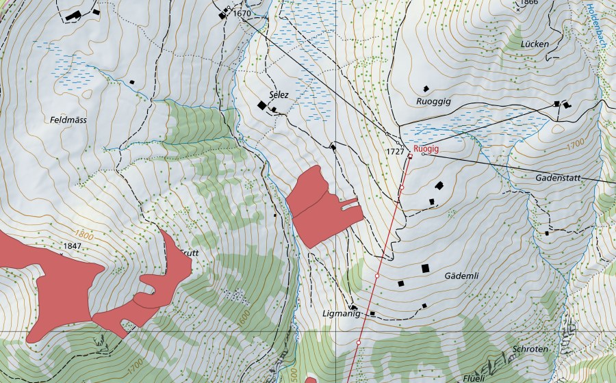 Carte nationale swisstopo avec le périmètre protégé de Ligmanig (Prairie sèche)