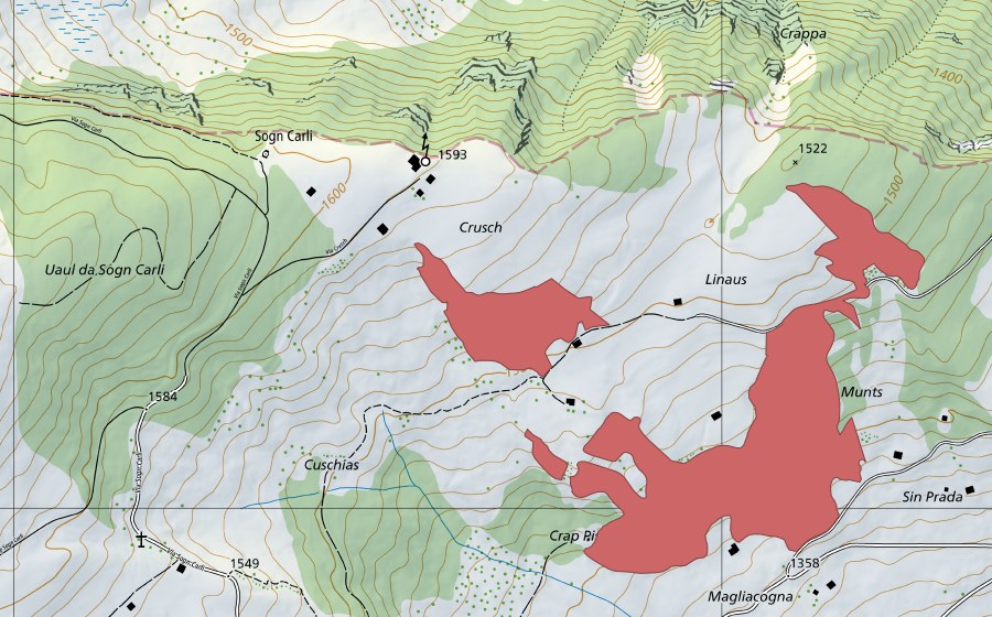 Carte nationale swisstopo avec le périmètre protégé de Linaus (Prairie sèche)