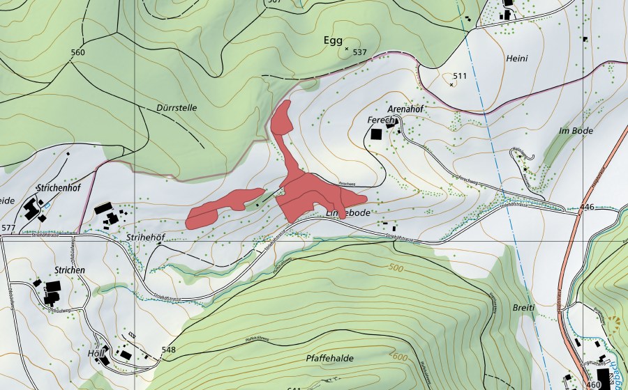 swisstopo national map showing the protected perimeter of Lindebode (Dry meadow)