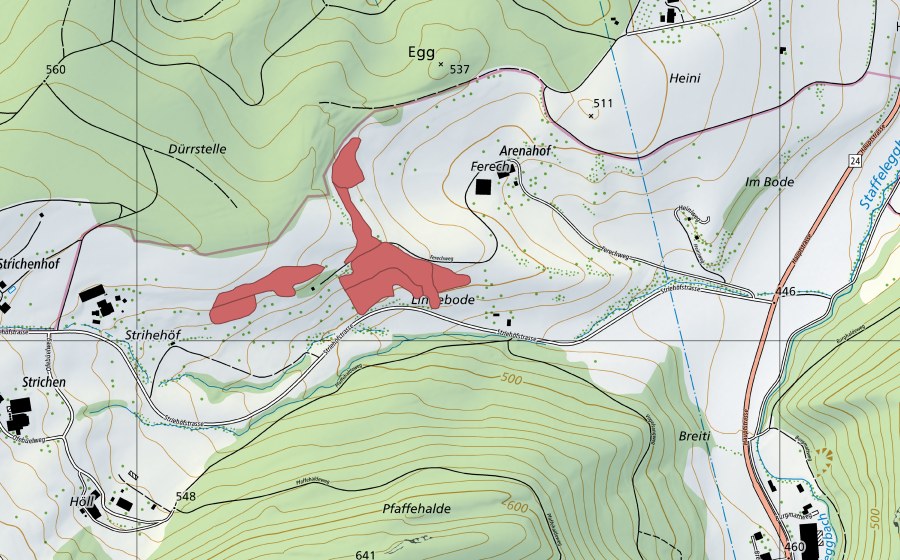 Carte nationale swisstopo avec le périmètre protégé de Lindebode (Prairie sèche)