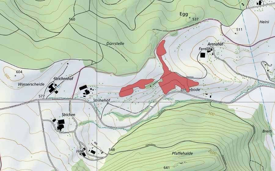Landeskarte swisstopo mit dem Schutzperimeter von Lindebode (Trockenwiese)