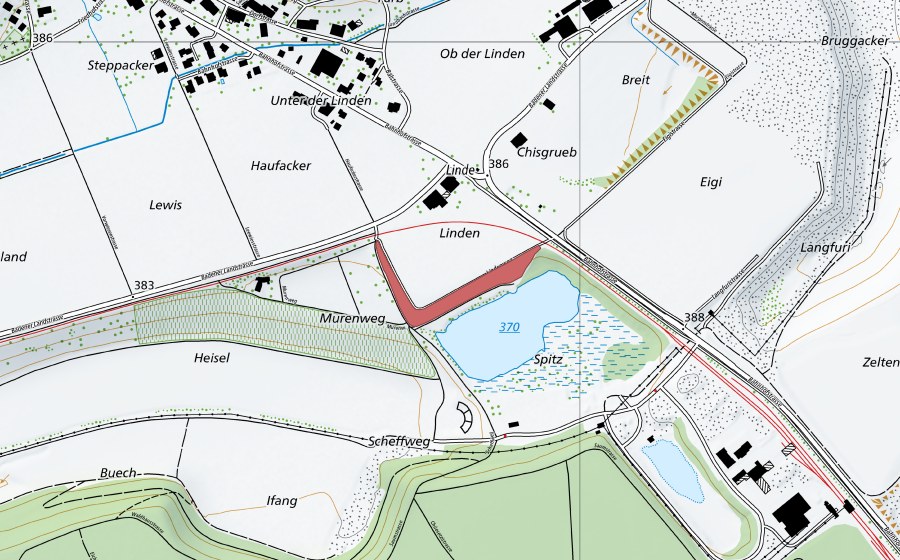 Landeskarte swisstopo mit dem Schutzperimeter von Linden (Trockenwiese)
