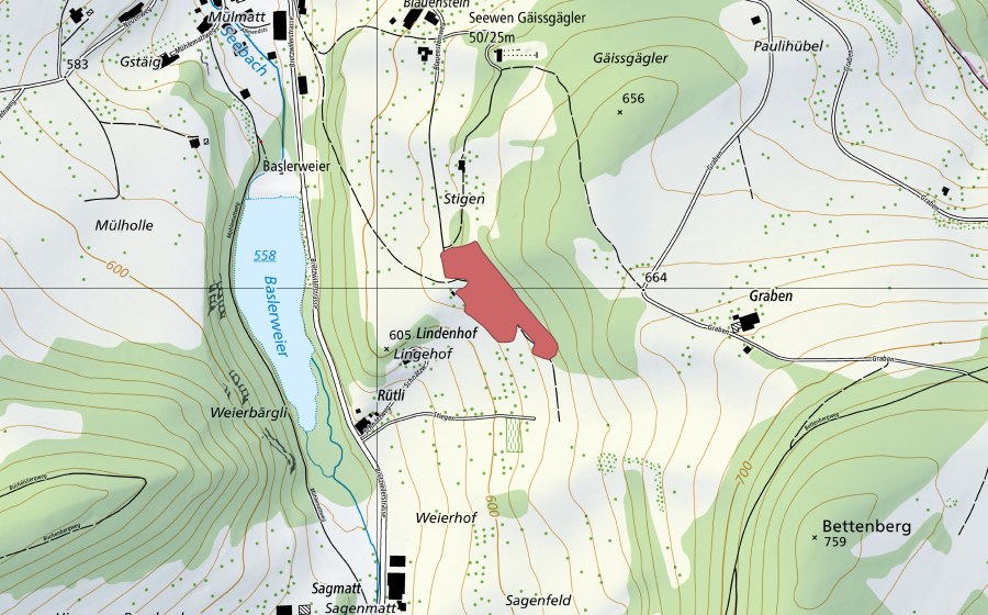 swisstopo national map showing the protected perimeter of Lindenhof (Dry meadow)