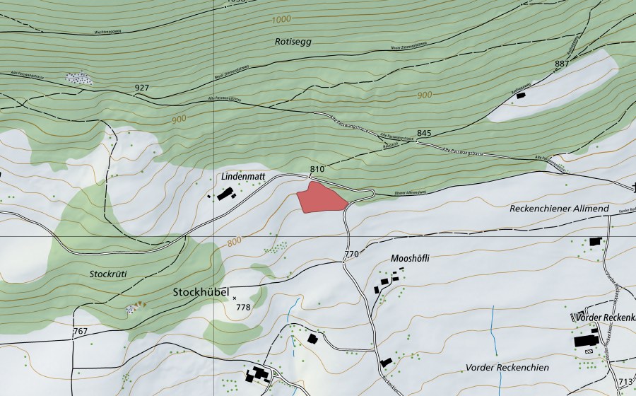 Carte nationale swisstopo avec le périmètre protégé de Lindenmatt (Prairie sèche)