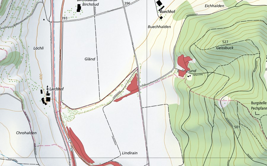 Carte nationale swisstopo avec le périmètre protégé de Lindirain (Prairie sèche)
