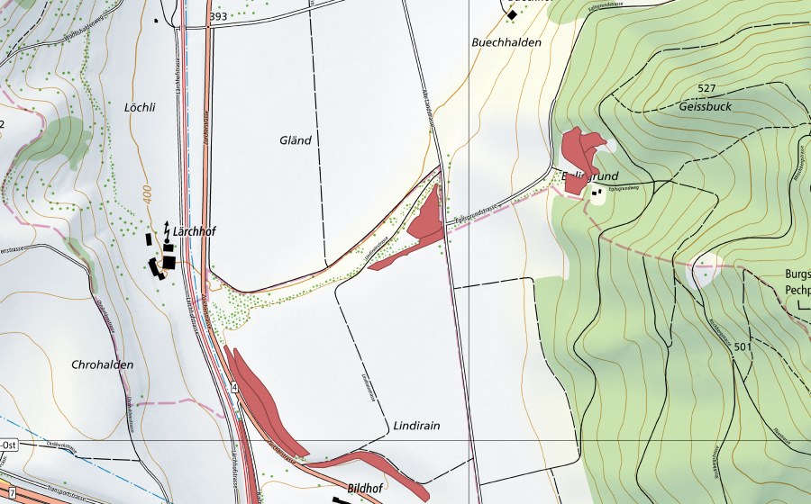 Carte nationale swisstopo avec le périmètre protégé de Lindirain (Prairie sèche)