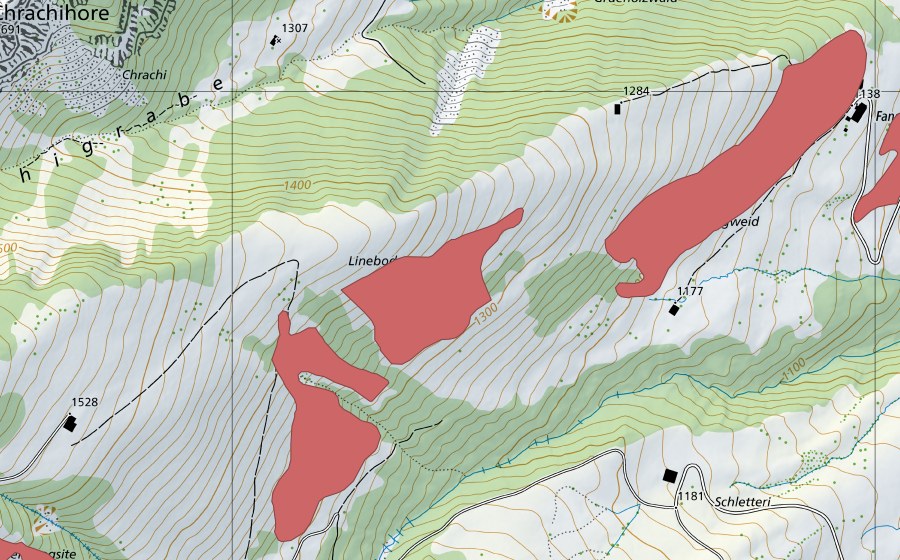 Landeskarte swisstopo mit dem Schutzperimeter von Lineboden (Trockenwiese)