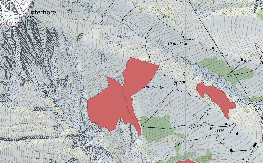Carte nationale swisstopo avec le périmètre protégé de Linterbärgli (Prairie sèche)